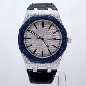 Montre ronde en moissanite fabriquée en diamant personnalisée pour hommes, bracelet en cuir noir, montre en diamant pour hommes. - Product Image 1