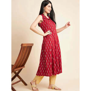 Kurta décontractée pour femme, coupe trapèze, sans manches, imprimé floral, en coton bordeaux, taille unique, taille naturelle, respirante, design ODM pour le quotidien - Product Image 4