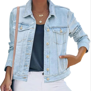 Chaqueta vaquera básica de manga larga ajustada elástica con botones para mujer para la temporada de otoño e invierno - Product Image 1