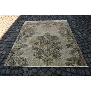 Vintage Turkish <b>Rug</b> Classic Beige 5.7 X 6.8ft Patchwork Design Wool and Polyester for Living Room or <b>Bedroom</b> for Teens - Product Image 1