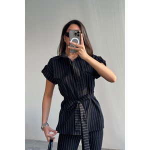 Conjunto de Blusa y Pantalones de Poliviscosa Negra a Rayas para Mujer - Product Image 3