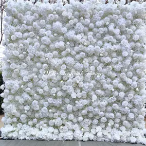 DKB Artificial Flower Hot Sale White Rose Hydrangea Baby Breath 3d Party Flower Wall 8x8 For Wedding Decor