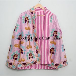 Veste courte d'hiver pour femmes, style vintage, velours rose, motif Suzani bohème, broderie, doublure en coton, matelassée - Product Image 6