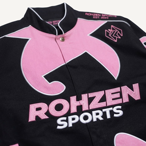 Custom Pink & Black Unisex Oversized Racer/<b>Bomber</b>/Streetwear <b>Jacket</b> Embroidered Patch % Cotton Quick Dry Breathable Plus Size - Product Image 5
