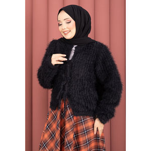 Vera Black Plush Cardigan Front-Tie Casual Bohemian Style Jacquard <b>Wool</b> Material Print Lace for Spring Summer Autumn Winter - Product Image 3