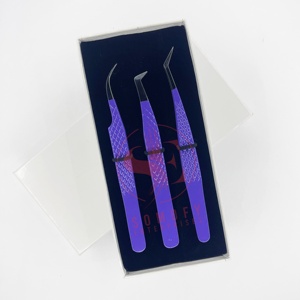 Pinzas de pestañas de acero inoxidable moradas personalizadas, puntas de volumen de fibra con agarre de diamante de etiqueta privada para extensión de pestañas - Product Image 3