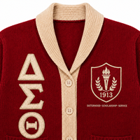 Cardigan universitaire en coton 100% personnalisé pour sororité, avec col châle, broderies, patchs et manches rayées, vente en gros, OEM