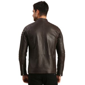 Veste de motard en cuir marron de luxe pour hommes avec fermeture à glissière durable, détails matelassés et veste pratique pour hommes - Product Image 6