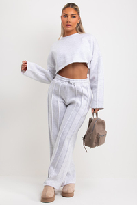 Ensemble de survêtement 2 pièces gris chiné de qualité supérieure pour femmes Jogger et sweat-shirt court avec détail de couture Ensemble de survêtement deux pièces pour femmes - Product Image 6