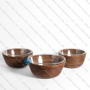 Novedad, Ensaladeras de Ratán, Ensaladera de Vidrio con Soporte de Ratán Tejido, Elegante Bandeja de Ratán con Ensaladera de Vidrio en el Interior - Product Image 3