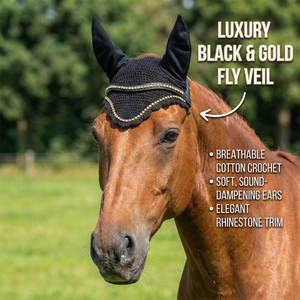 Black Crochet Horse Fly Veil Gold Rhinestone Trim Soft Padded Comfortable Fitted Elegant Equestrian <b>Bonnet</b> Sizes /Cob/Full - Product Image 4