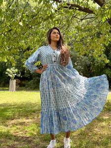 Pur coton longue robe Maxi indien bloc imprimé Pastel été terreux élégant maman confortable vêtements de jour - Product Image 5