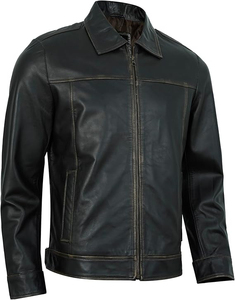 Veste moto en cuir de vache véritable pour homme, col rabattu, fermeture éclair, couleur unie, coupe classique, style automne, imperméable - Product Image 3