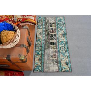 Alfombra Pequeña Vintage de 1.6x3.3 pies (50x101 cm), Alfombra Turca Azul Ombré - Product Image 1