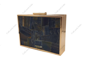Natural Blue Tiger Eye Gemstone Panelled Clutch <b>Bag</b> With Gold Frame Luxury Handmade Womens Evening Party <b>Wedding</b> Box Handbag - Product Image 2