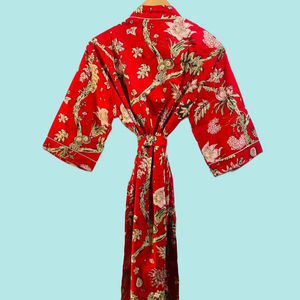 Bata Kimono de Algodón Rojo con Estampado Artesanal, Tallas Grandes para Mujer, Bata Floral Ligera para Descansar, Regalo - Product Image 1