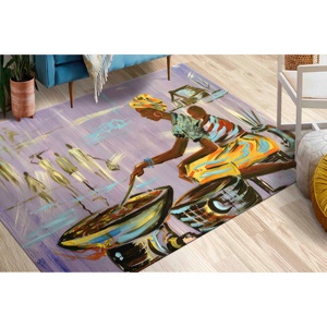 Tapis en chenille abstrait motif Mère Africaine cuisinant : Tapis imprimé pour la décoration intérieure, tapis fin non tissé - Product Image 1
