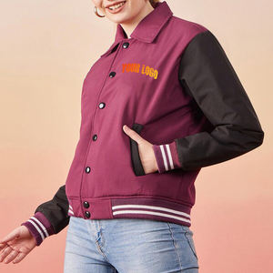 Chaquetas Varsity para mujer, cuerpo de lana cálido de invierno con mangas de cuero genuino, chaqueta transpirable con letras - Product Image 1