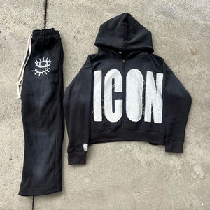 Ensemble de survêtement d'hiver délavé à l'acide en polyester et coton pour homme avec broderie, sweats à capuche évasés et fermeture éclair - Product Image 4