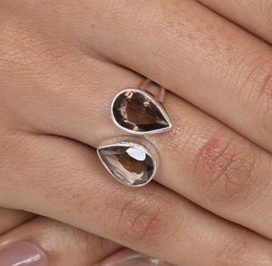 Trending 925 Sterling Silver Handmade <b>Adjustable</b> <b>Ring</b> Genuine Sparkling Smoky Quartz Pear Shape Double Band Classic Parties - Product Image 3