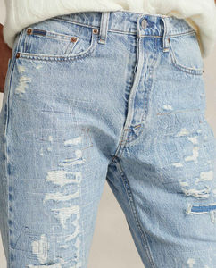 Ladies' Light Blue High-Waist Flare Jeans Embroidered Logo Loose Fit Distressed Wash Wide Leg Wave Bow Denim Trousers - Product Image 3