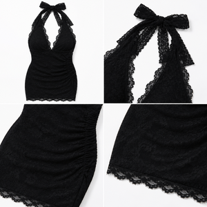 <span class=keywords><strong>Abito</strong></span> <span class=keywords><strong>Mini</strong></span> Bodycon <span class=keywords><strong>Nero</strong></span> in <span class=keywords><strong>Pizzo</strong></span> da Donna con Scollo a V Profondo e Halter Senza Schienale, Ideale per Feste e Serate in Discoteca - Product Image 3