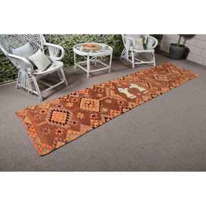 Alfombra Vintage de 2.6x11 pies, Alfombra Turca, Alfombra a Cuadros Marrón - Product Image 1