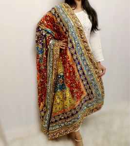 New Season Handmade Ethnic <b>Silk</b> Long Dupatta with Colorful Floral Threadwork Mirror Pieces and Kaudi Shells - Product Image 4