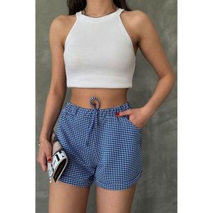 Shorts en polyester jacquard à carreaux miniatures pour femmes Topshow, couleur bleu sax vibrant, pour les commandes en gros, élégants et confortables - Product Image 1