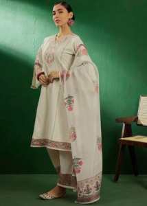 Ensemble Kurta Pant avec Dupatta Salwar Suit pour femmes Trendmalls, broderie ethnique, mariage, toutes saisons (G287-Offwhite) - Product Image 3