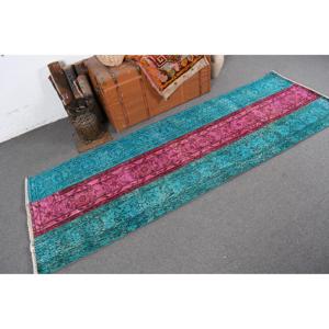 Alfombra Turca de 2.8x8.2 pies, Alfombra de Lana Sólida Vintage Azul Rosa - Product Image 2