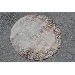 4x4 ft Turkish <b>Wool</b> Rug Round Vintage Patchwork Design <b>Red</b> Camouflage Pattern with Latex Backing - Product Image 2