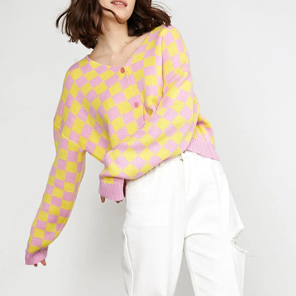 2022 New Women's Knit Checkerboard Cardigan In Yellow Oversized Sweater Top for Femme