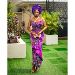 Vestido de Lujo Color Morado George con Corsé Bordado a Mano y Gele para Bodas - Product Image 1