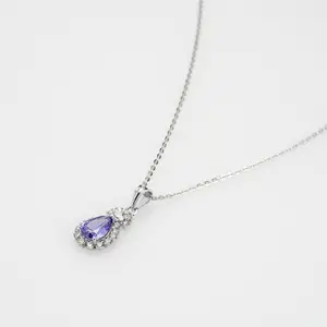 Luxury Necklace Sparkling Blue Tazanite And 7A Cubic Zirconia Pendant Solid Gold White Gold Link Chain 14k Gold Necklace