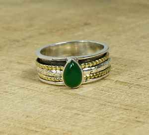 Green <b>Onyx</b> Rhodium Plated Luxury Spinner Ring 925 Sterling Silver Two-Tone Handmade Jewelry Women US Size 10 Gift - Product Image 6