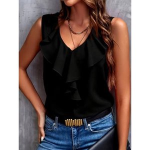 Blusa sin mangas con cuello con volantes para mujer, Sandy, 36649 - Negro - Product Image 1