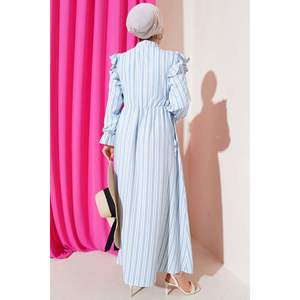 ชุดเดรสไหล่แต่งระบายลายทางติดกระดุมสีฟ้า - Product Image 4