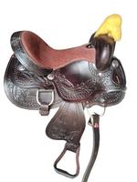 Selle de cheval Western anglaise en cuir véritable façonnée à la main, avec siège rembourré, motifs floraux sculptés, tapis de monte cowboy, et bride de cheval antichoc