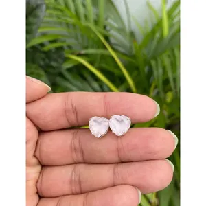 Natural Rose Quartz Heart <b>Stud</b> <b>Earrings</b> 925 Sterling Silver Handmade Gemstone Jewelry Wholesale Supplier - Product Image 1