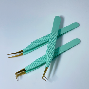 Pinzas de extensión inclinadas de acero inoxidable, aplicador de pestañas, color verde claro y dorado, venta al por mayor - Product Image 4