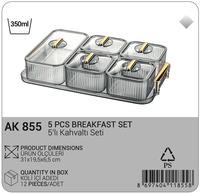 Juego de Desayuno de Plástico PS de 5 Piezas Afossa AK 855, Tapa Transparente, Asas Doradas, Diseño Moderno, Recipientes Multiusos para Almacenamiento de Alimentos