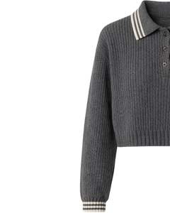 Suéter Polo Corto Gris Oscuro Personalizado para Mujer, Top de Punto Acanalado de Manga Larga con Cierre de Botones, Suéter Informal de Moda para Invierno - Product Image 3