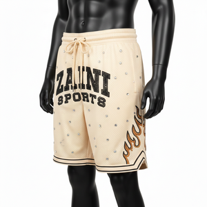 Pantalones cortos de baloncesto premium de malla de poliéster beige de 180 GSM con panel de llama, logotipo de diamantes de imitación en sarga personalizada, pantalones cortos para hombre - Product Image 4
