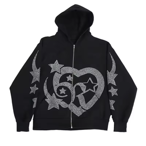 Sweat à capuche zippé avec logo personnalisé de haute qualité pour hommes Sweat-shirt en coton polyester à impression bouffante surdimensionné avec motif uni en strass - Product Image 6