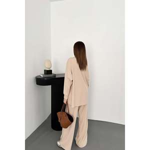 Classic Solid Casual Ribbed Women's <b>Sweater</b> and Trousers 2-Piece Long <b>Set</b> 100% Polyester Anti-Pilling & Breathable - Product Image 6