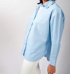 Camisa de Mujer, Azul Claro, Oversize, Manga Larga Raglán, con Botones, Corte Regular, Color Sólido, Tejido de Algodón, Verano, ODM - Product Image 3