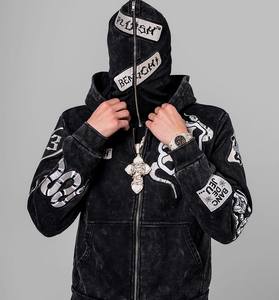 Streetwear à broderie personnalisée OEM ODM, sweat à capuche brodé noir 550gsm, poids lourd, lavé à l'acide, sweats à capuche surdimensionnés à enfiler avec fermeture éclair - Product Image 3