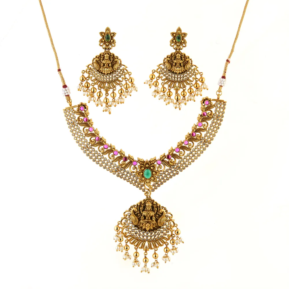 Beautiful Designer Antique Temple South Indian Necklace Set With Matte Gold Plating 211321
