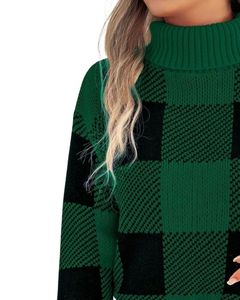 Customized Women Green Black Checkered <b>Turtleneck</b> Sweater Winter Warm Knitted <b>Long</b> <b>Sleeve</b> Casual Pullover Fashion <b>Top</b> For Ladies - Product Image 3